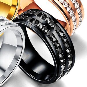 3/$35 Double Row Black Stainless Steel Band Ring Diamond Cubic Zirconia Jewelry